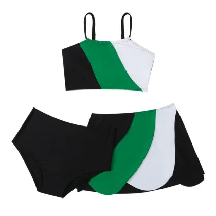 2024 New Nylon Color Block Split Swimsuit Set with Skirt