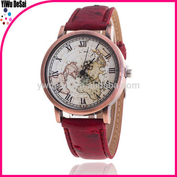 High Quality Soft Leather Strap Watches For Women Retro Roman Number Copper Alloy Quartz Wristwatch Plate Map Surface Watch Gift