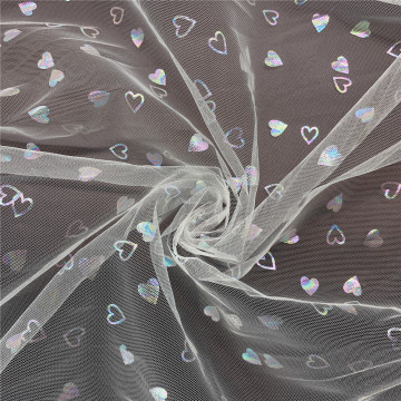 100% Polyester Iridescent Foil Hearts Printed Mesh Tulle