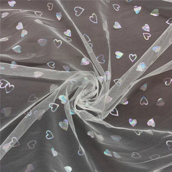 100% Polyester Iridescent Foil Hearts Printed Mesh Tulle