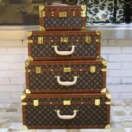 Vintage Cute Non-Wheeled Mini Wooden Box Trunk Suitcase Set 4pcs
