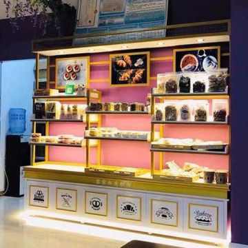 Customized Bakery Interior Decoration: Wood Display Island, Warmer Counter, and Showcase Rack