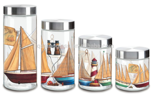 SINOGLASS 4 pcs MARITIME ADVENTURE decal stainless steel lid airtight glass Storage canister jar set