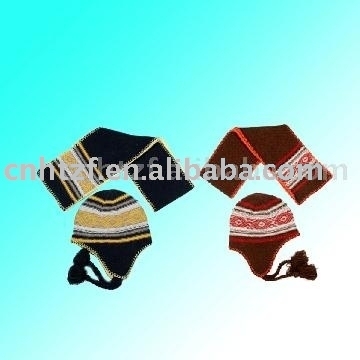 wool knitted jacquard scarf and hat with earlap
