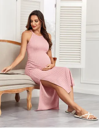 Maternity Rib Knit Sleeveless Pajama Dress for Breastfeeding