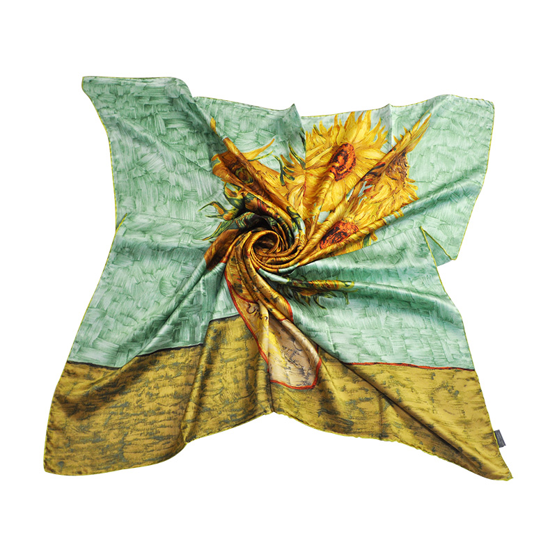 Pure Silk Sunflower Painting Satin Scarf