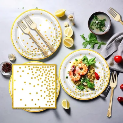 White Gold Paper Tableware Set - Dessert Plates, Napkins and Plastic Forks