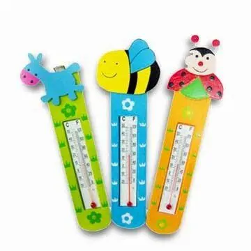 Room Thermometers with Various Vivid Cartoon Designs, Made of Solid Wood, Glass and Hg