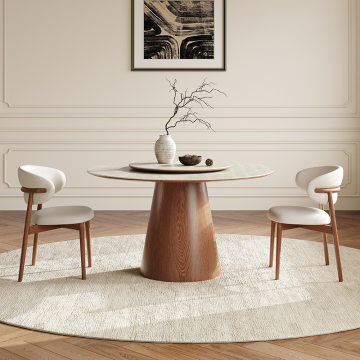 Modern French Walnut Wood Dining Table and Chair Set with Turntable Design for Small Spaces