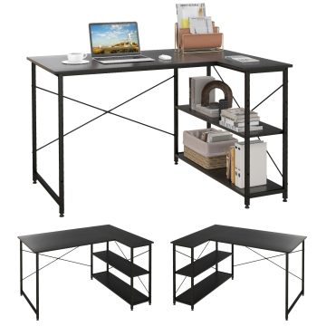 Mesa de canto com armazenamento: mesa de computador em forma de L para escritório em casa e pequenos espaços
