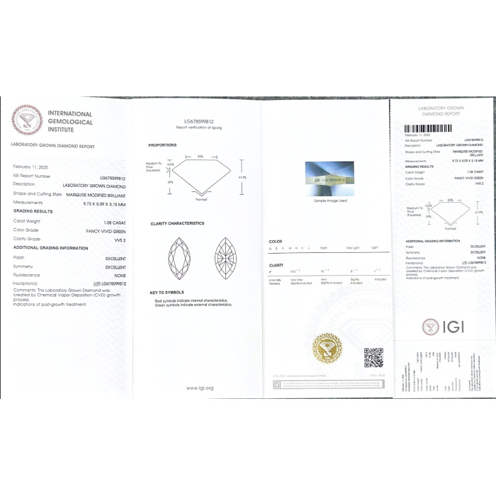 CVD เพชร Lab Green Marquise Cut 1.08CT VVS2