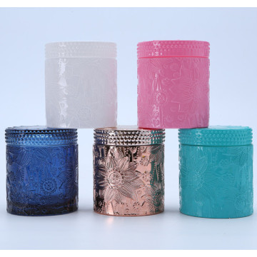Jarra de cristal colorido com padrão de lótus para doces / velas