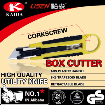 Auto Retractable Safety Trapezoid blade Plastic with rubber grip handle Cutter corkscrew