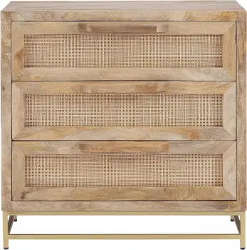 Natural Rattan and Gold Base 3 Drawer Danika Cabinet, Three, Brown