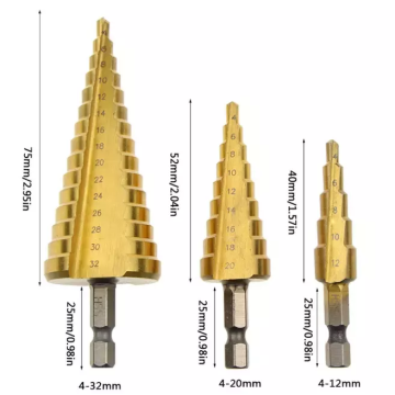 Hot Sale 3pcs TIN HSS STEP Drill Bit Bit para perfuração de metal