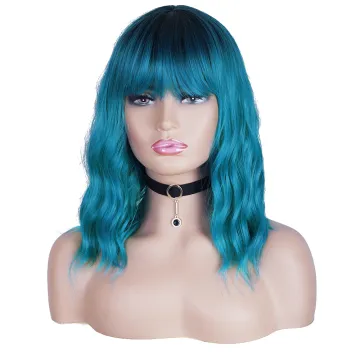 Wholesale Ombre Blue Wavy Wig with Flat Bangs 14" Synthetic Natural Hair Heat Resistant Fiber Cosplay Wig for Women Color Ombre