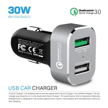 iFans 30W USB Car Charger CE ROHS QC 3.0 Type C Smart 2.4A One Year Warranty