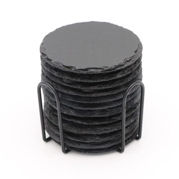 Handmade Slate Coaster Set of 12 with Holder - Black Drink Coasters for Gifts