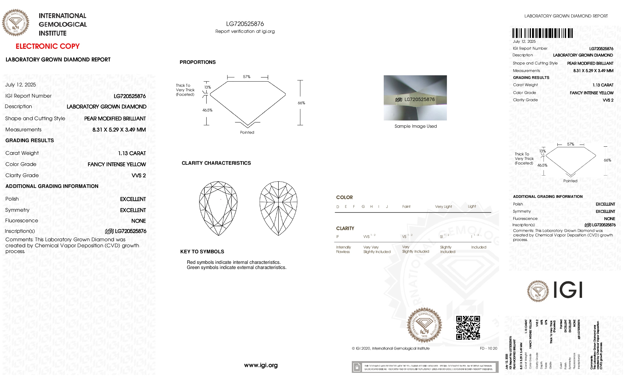 Informe IGI LG720525876 para un diamante cultivado en laboratorio en forma de pera VVS2 amarillo intenso elegante de 1,13 quilates