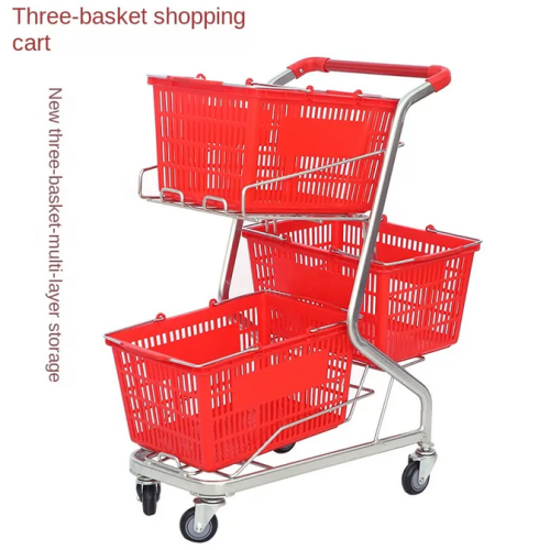 Supermarket Trolley With Three Plastic Basket Shopping Cart