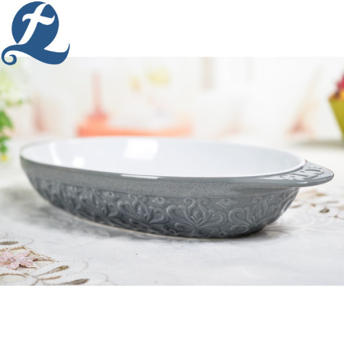 Printed Gray Carved Oval Shape Ceramic Baking Dish