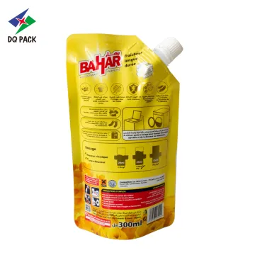 Laundry detergent stand up pouch with corner spout