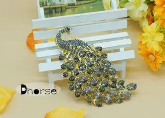 Black Peacock Vintage Rhinestone Brooches With Gold Alloy ,