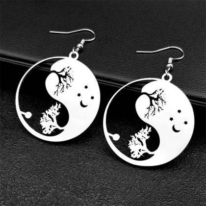 Tai Chi Tree of Life Star Moon Pendant Earrings - Stainless Steel Silver Jewelry Gifts for Men and Women