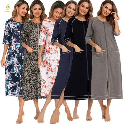Women's Soft Zipper Front Robes: Autumn Nightgown Kimono Loungewear Maternity Pajamas