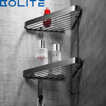 Black Stainless Steel Wall-Mounted Bathroom Rack with Shower Hook