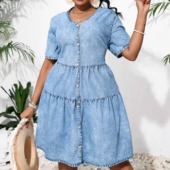 Customizable Summer Women's Midi Denim Dress: Button-Front, Long, Simple Style with Front Logo and Plus Size Options