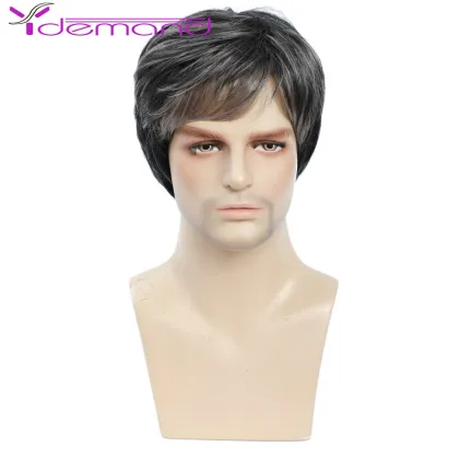 Y Demand Middle-Aged And Elderly Wigs Short Hair Fluffy Wig Straight Black And Gray Mixed Color Wholesale Synthetic Handsome
