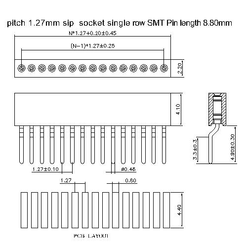 MFHCM-XXXX01 pitch 1.27mm sip socket single row SMT pin length 8.80mm