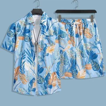 Men Dark Blue Floral Beach Set