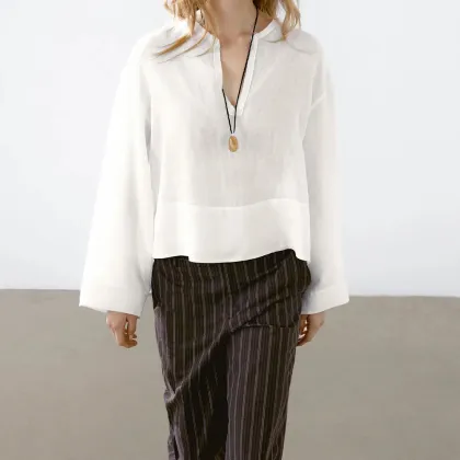 Women's breathable stand up collar linen shirt long sleeved top