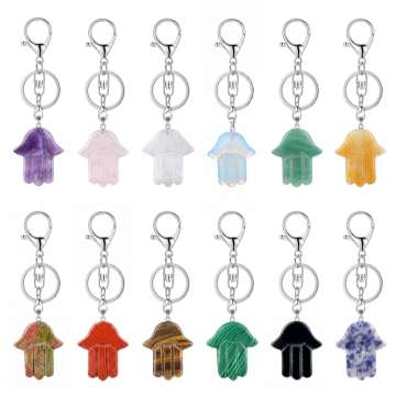 Natural Stone Fatima Hand Charm Keychain Gemstone Pendant 35X45mm Handmade Carved Hamsa Hand Keychain with Lobster Clasp Chain