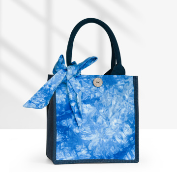 手工棉麻紮染手提包配蝴蝶結圍巾