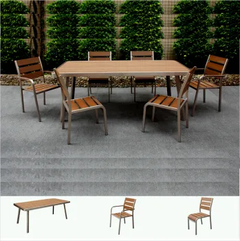 Professional Outdoor Hotel Factory Brushed Aluminum Dining Furniture for Garden, Teak Cafe, Patio, and Restaurant