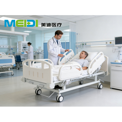 Punching Single Crank Hospital Bed, Grey Sticker Head&Foot Board, Three-Hollow, Four Guardrails, Central Control Brake