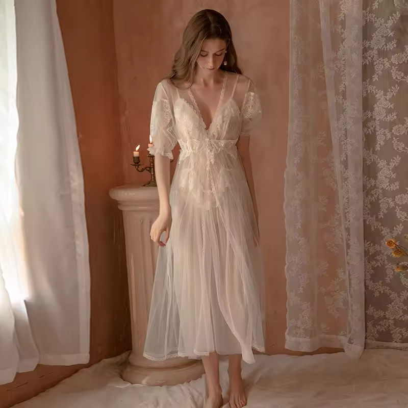 Sexy Lace Transparent Nightdress Thongs Slip nightdress robe set Sexy underwear