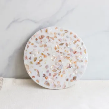 Iridescent Mother of Pearl Candle Holder Platter with Sea Shells