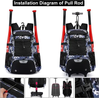 Factory Direct Wheeled Baseball Equipment Backpack with Shoe Compartment and Fence Hook