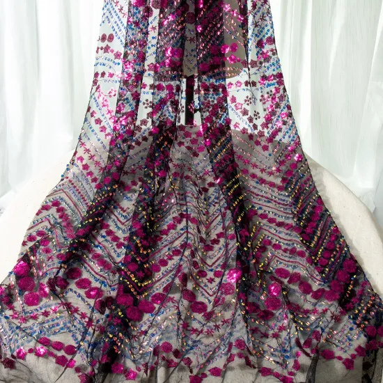 Multicolor Polyester Fabric with Sequin Embroidery and Mesh Flowers: Ideal for Evening Dress Production