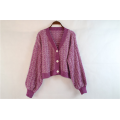 Signore viola a maglia cardigan spessa