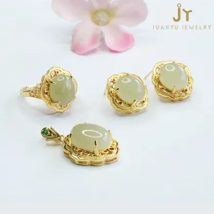 3-Piece Hollow-Out Copper & Hetian Jade Jewelry Set: Earrings, Ring, Pendant, and Necklace