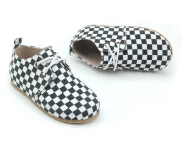 Rubber Sole Black White Grid Kid Shoe Oxford Shoes