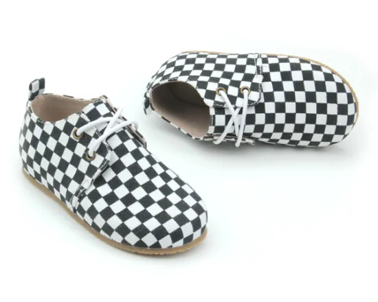 Rubber Sole Black White Grid Kid Shoe Oxford Shoes