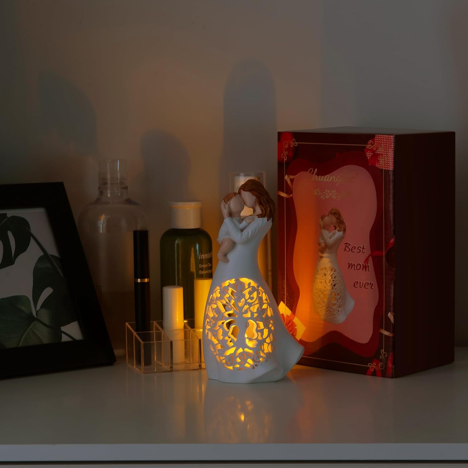 Flickering LED Candle Holder Statue for Mom and Child
