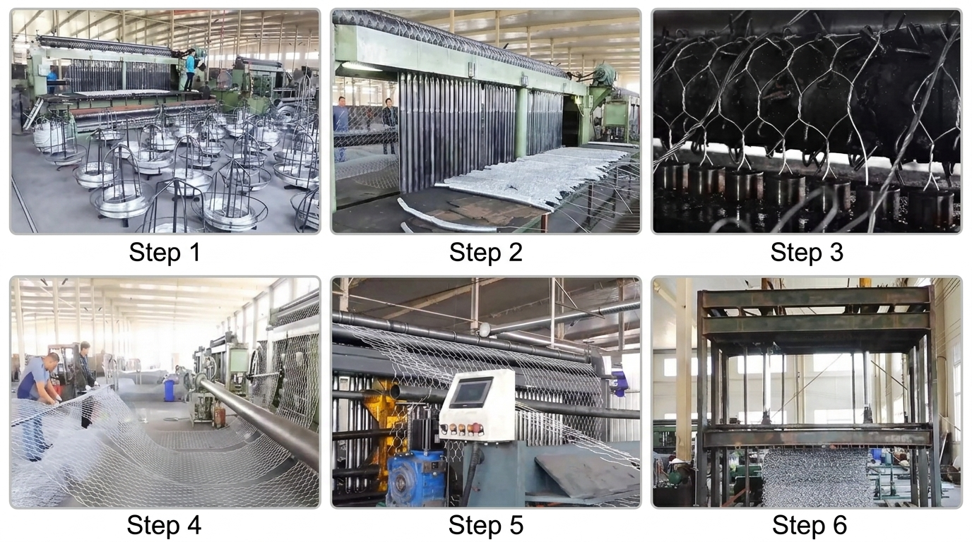 ANJIA Group Reno mattress gabion production showing double-twisted hexagonal wire mesh manufacturing