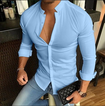 2024 Men's Solid Color Long Sleeved Casual Shirt with Stand-Up Collar